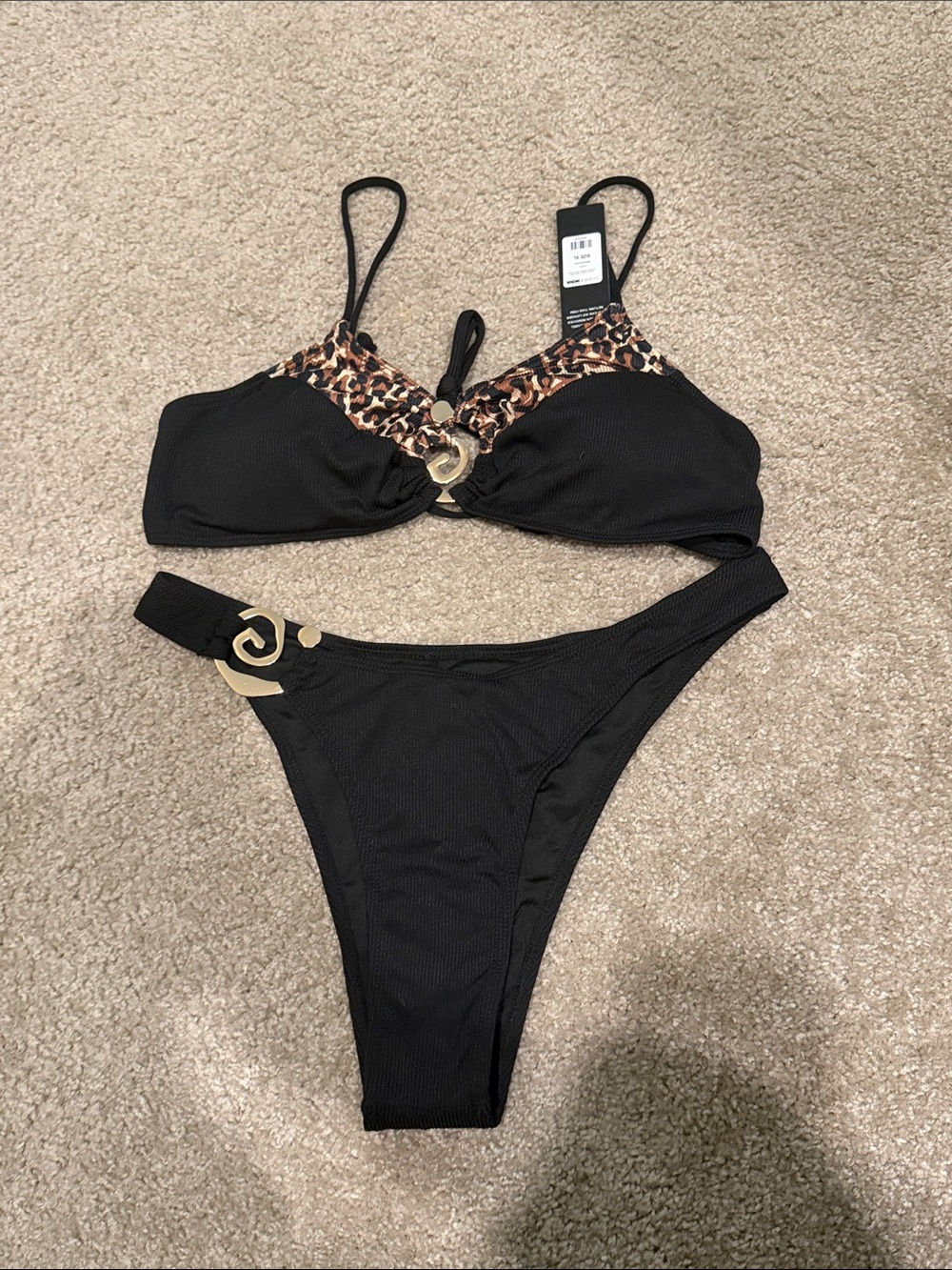 Fashion nova Black Bikini with Leopard Trim and Gold Accents